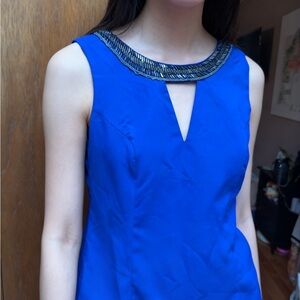 Blue Sleeveless Dress with Embellished Neckline